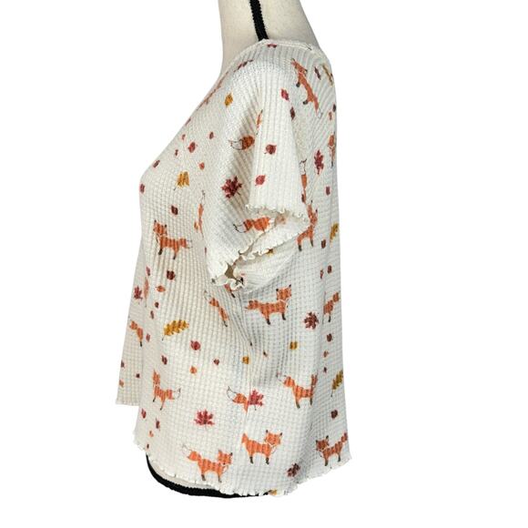 American Eagle X-Large Pajama Top Fox Print Waffle Knit Thermal Short Sleeve - Picture 6 of 9